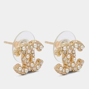 Chanel Pale Gold Tone Faux Pearl & Crystal CC Stud Earrings